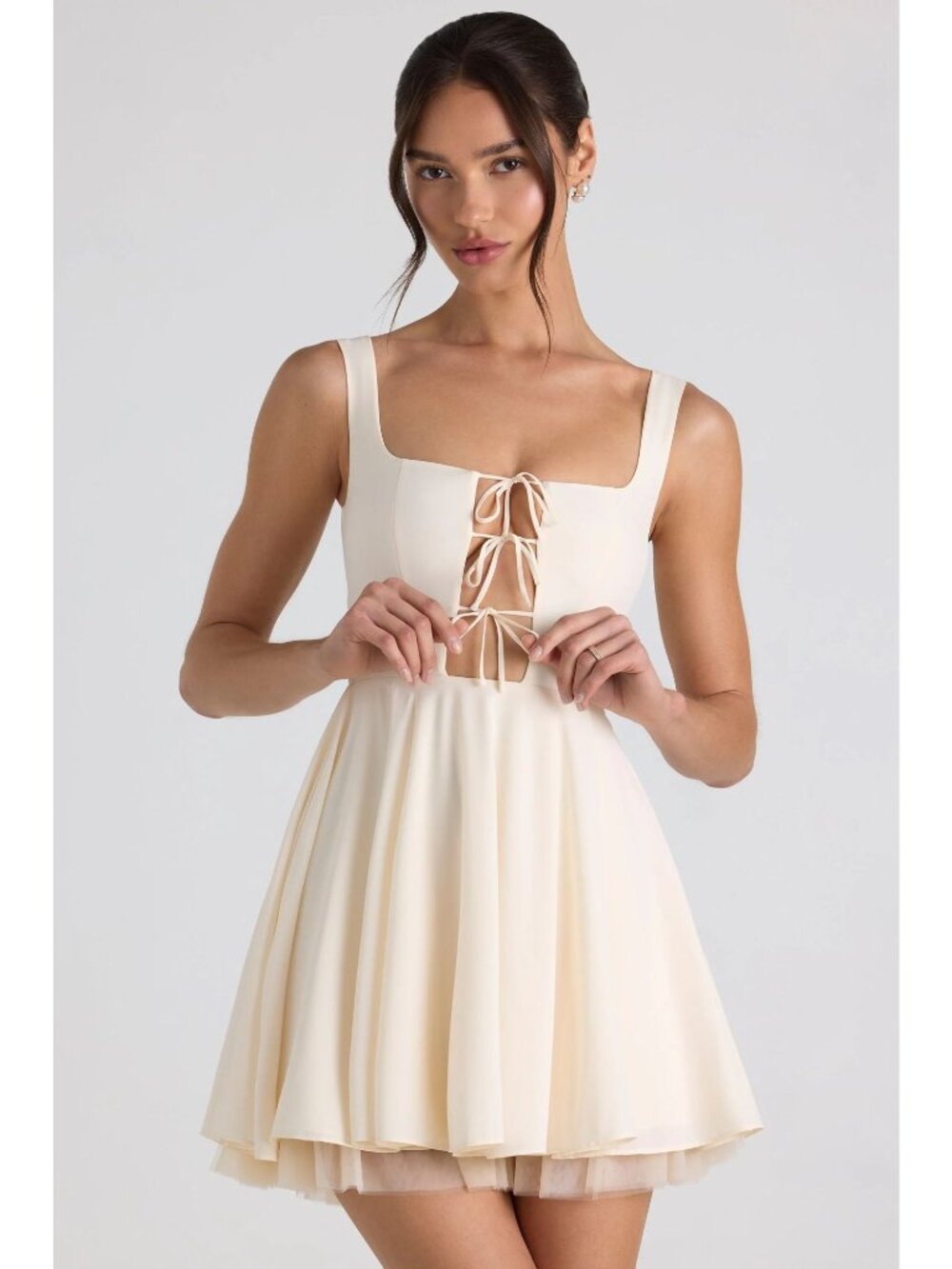 OH POLLY Nanisca Ivory Tie-Detail A-Line Micro Mini Dress Sz 10